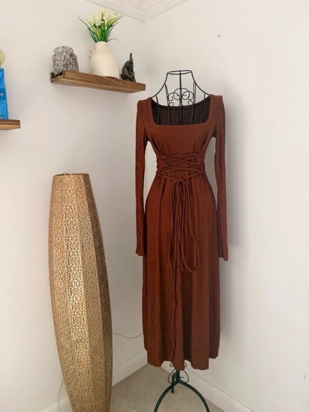Square-Neck Lace-Up Maxi Dress in Rich Brown